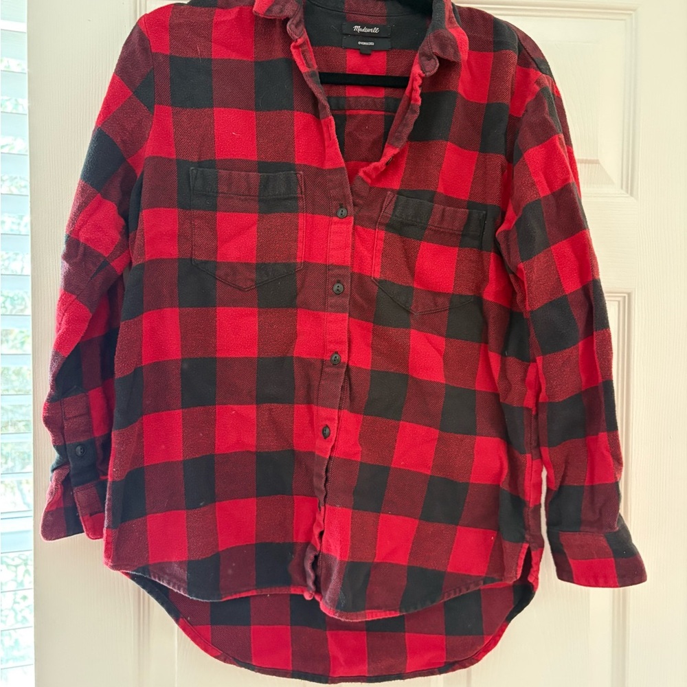 Madewell Oversized Red and Black Plaid Flannel Shirt
